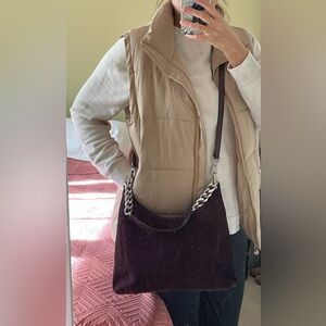 Suede bag with chain shoulder strap
